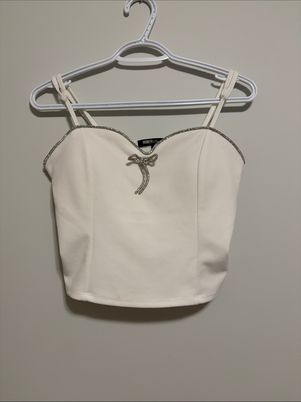 Honey & Sparkle White Crop with Rhinestone Bow Trim